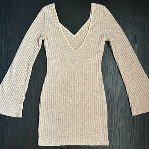 Cream/Beige ribbed long sleeve mini dress with belle sleeves